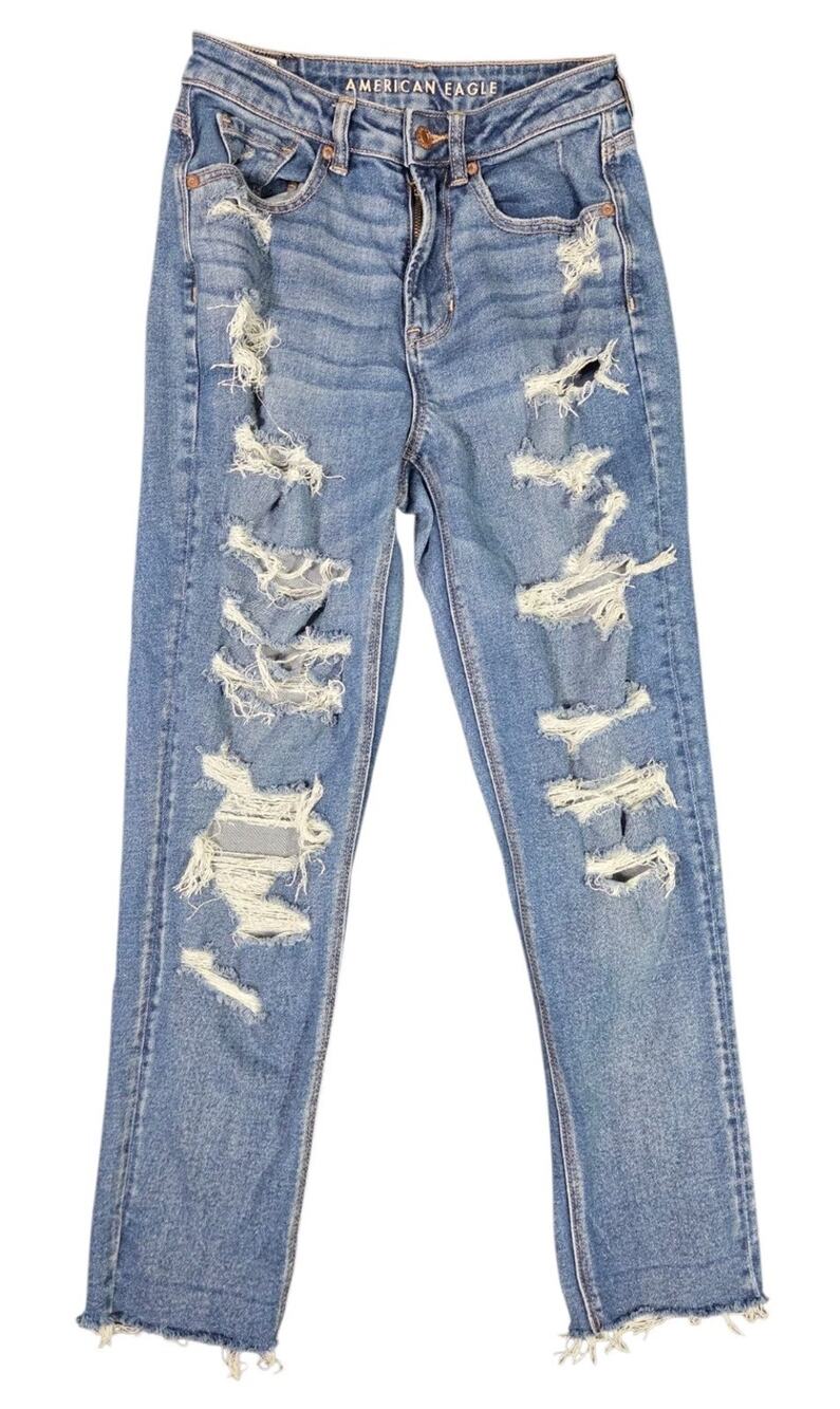 American Eagle Mom Jeans Blue Womens 4 Distressed Stretch Casual Denim Grunge